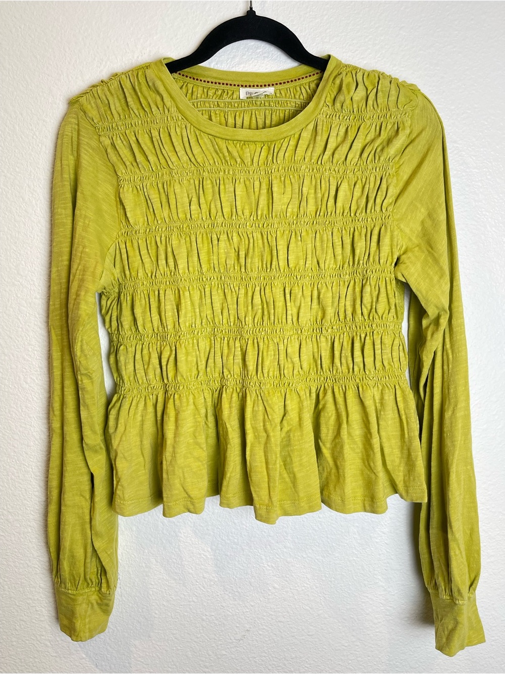 NWT Anthropologie Pilcro Long Sleeve Smocked Top Chartreuse Pullover Blouse
